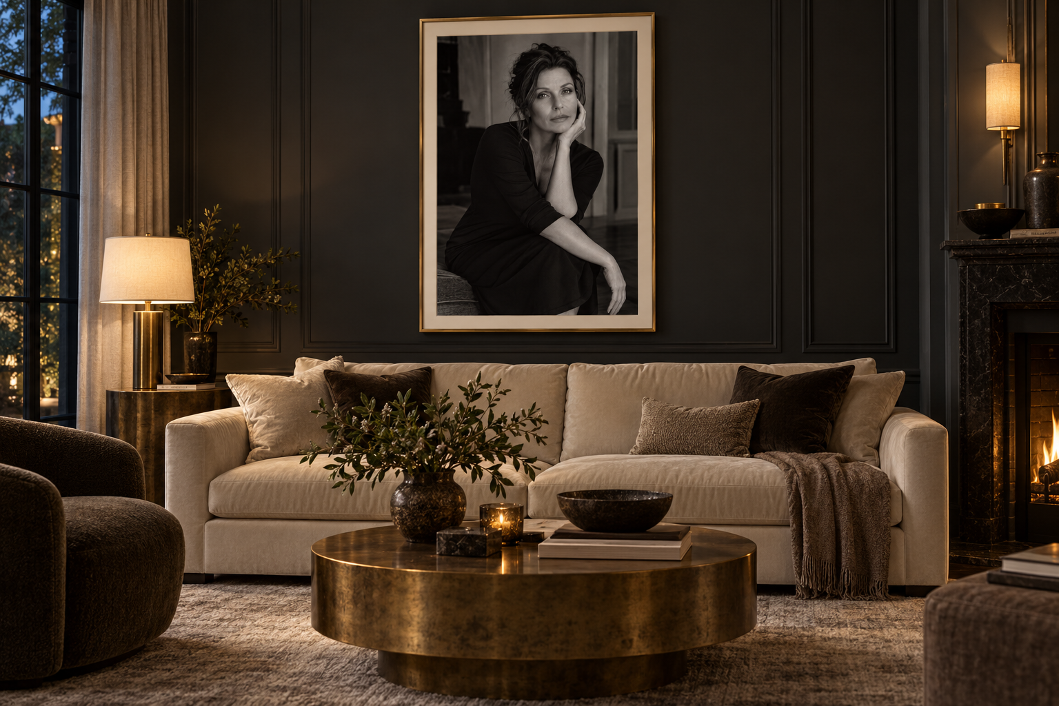 Le Regard in a gold frame on a charcoal living room wall