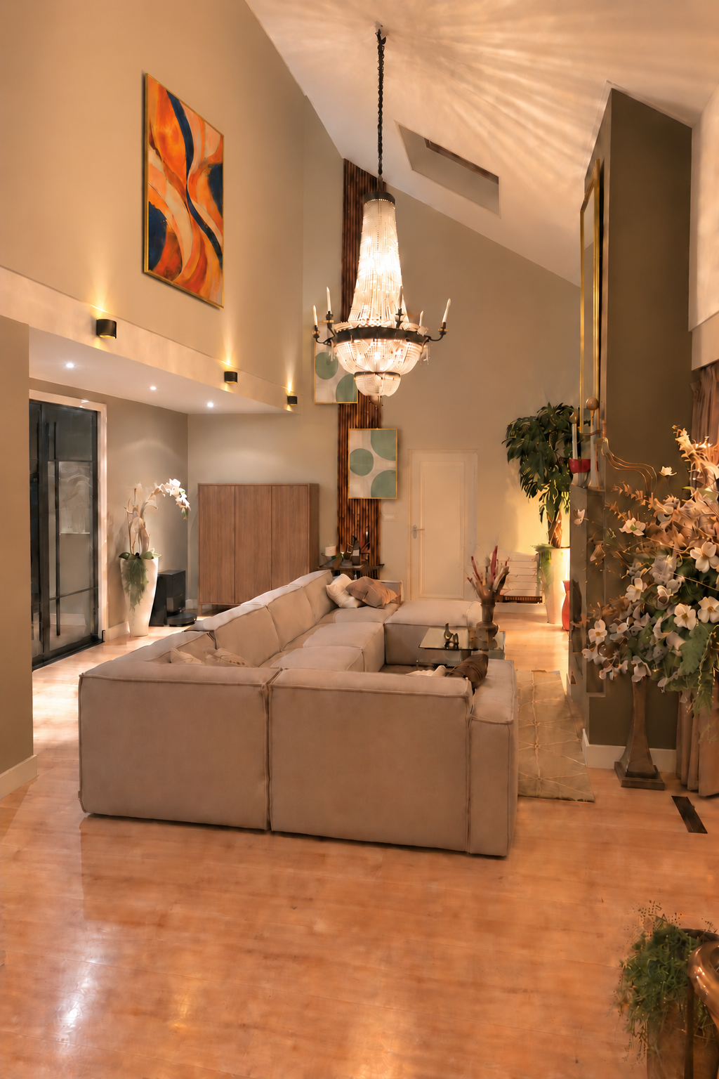 Club Apricot in a gold frame in a spacious cream living room