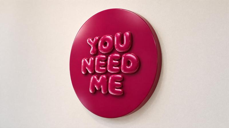 Glossy fuchsia circular panel with raised YOU NEED ME lettering