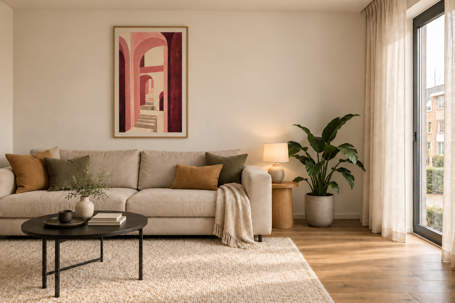 Dezelfde voorbeeldkamer met warmere kleuren en passende kunst