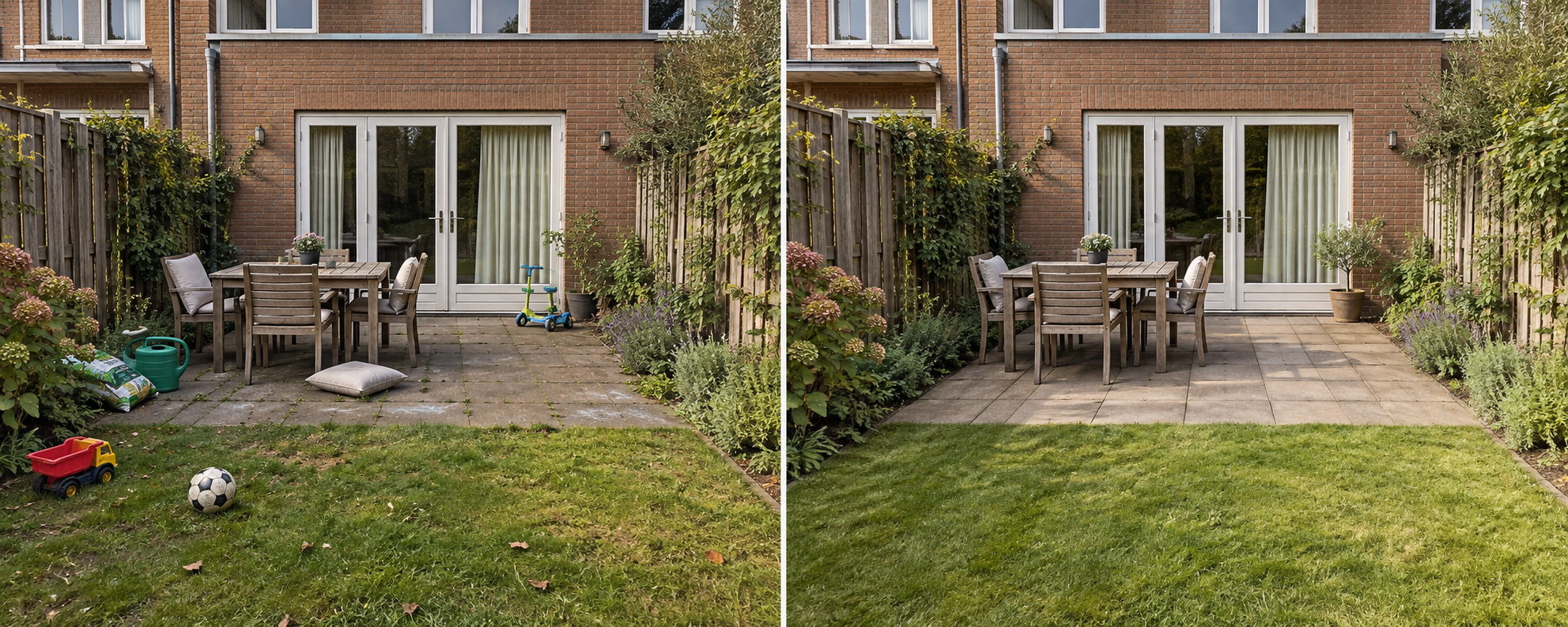 Ontwerpvoorbeeld van dezelfde tuin vóór en na opruimen en styling
