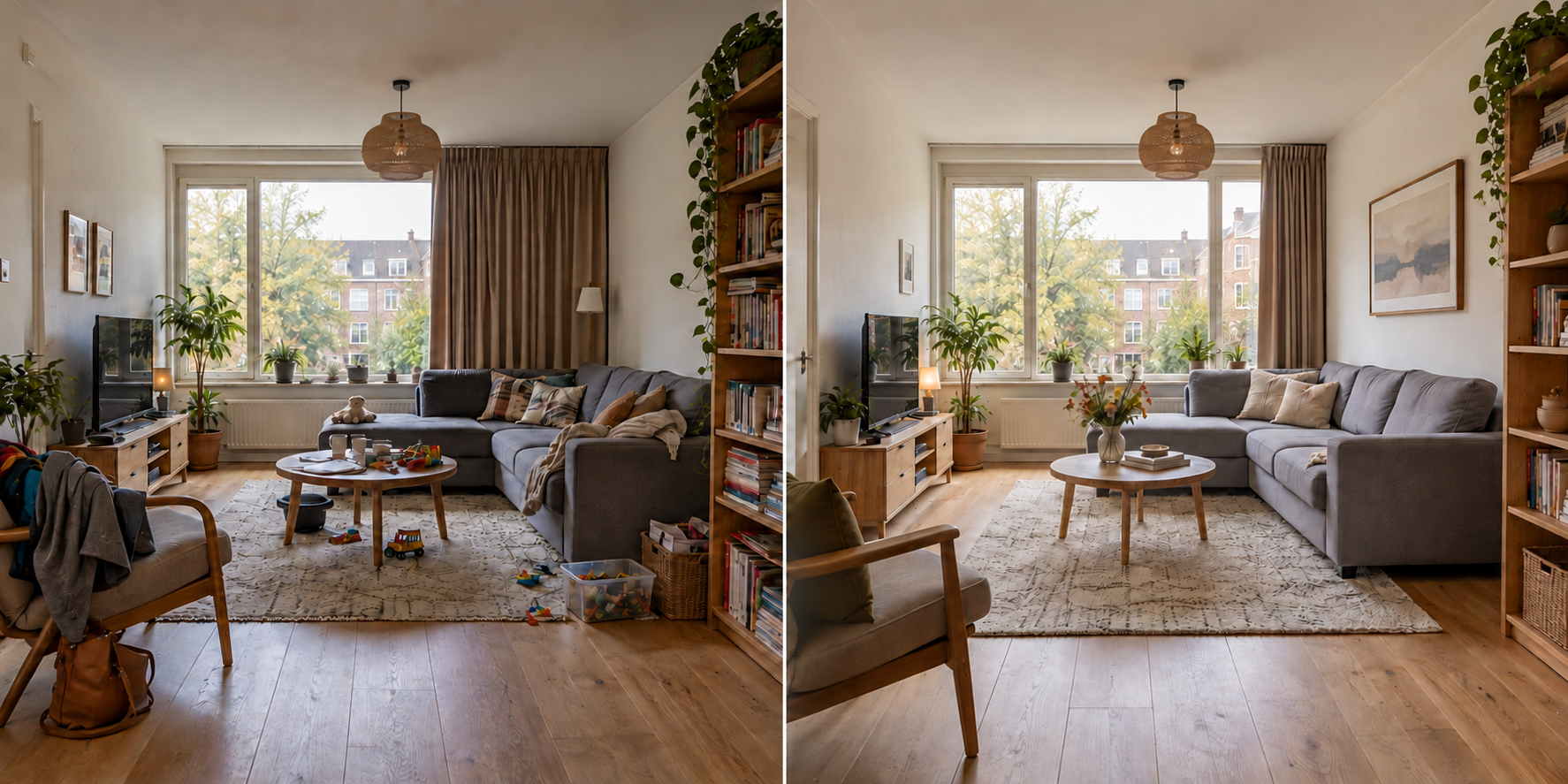 Voorbeeldwoonkamer vóór verkoopstyling, met losse spullen en een onrustige zithoek
