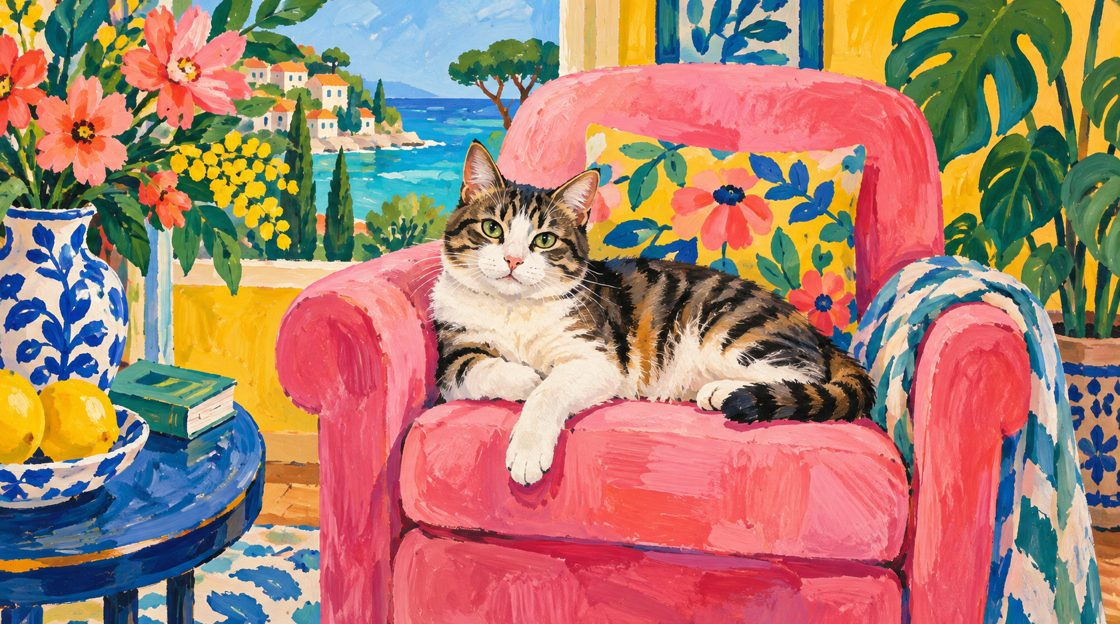 Kat op de roze stoel